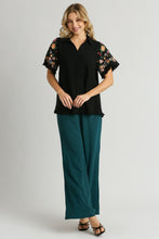 Load image into Gallery viewer, Umgee Linen Blend Top with Embroidered Sleeves in Black
