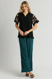 Umgee Linen Blend Top with Embroidered Sleeves in Black