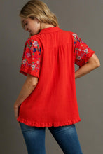 Load image into Gallery viewer, Umgee Linen Blend Top with Embroidered Sleeves in Red Orange
