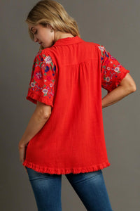 Umgee Linen Blend Top with Embroidered Sleeves in Red Orange