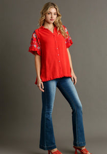 Umgee Linen Blend Top with Embroidered Sleeves in Red Orange