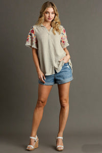 Umgee Linen Blend Top with Embroidered Sleeves in Oatmeal