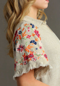 Umgee Linen Blend Top with Embroidered Sleeves in Oatmeal