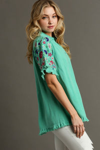 Umgee Linen Blend Top with Embroidered Sleeves in Emerald