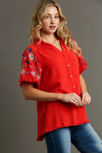 Umgee Linen Blend Top with Embroidered Sleeves in Red Orange