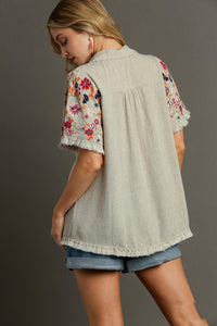 Umgee Linen Blend Top with Embroidered Sleeves in Oatmeal