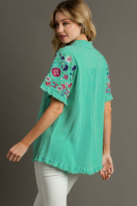 Umgee Linen Blend Top with Embroidered Sleeves in Emerald