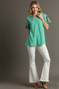 Umgee Linen Blend Top with Embroidered Sleeves in Emerald