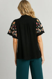 Umgee Linen Blend Top with Embroidered Sleeves in Black