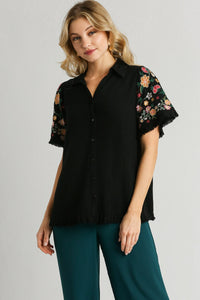 Umgee Linen Blend Top with Embroidered Sleeves in Black