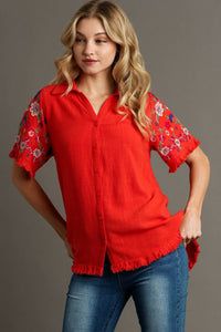 Umgee Linen Blend Top with Embroidered Sleeves in Red Orange