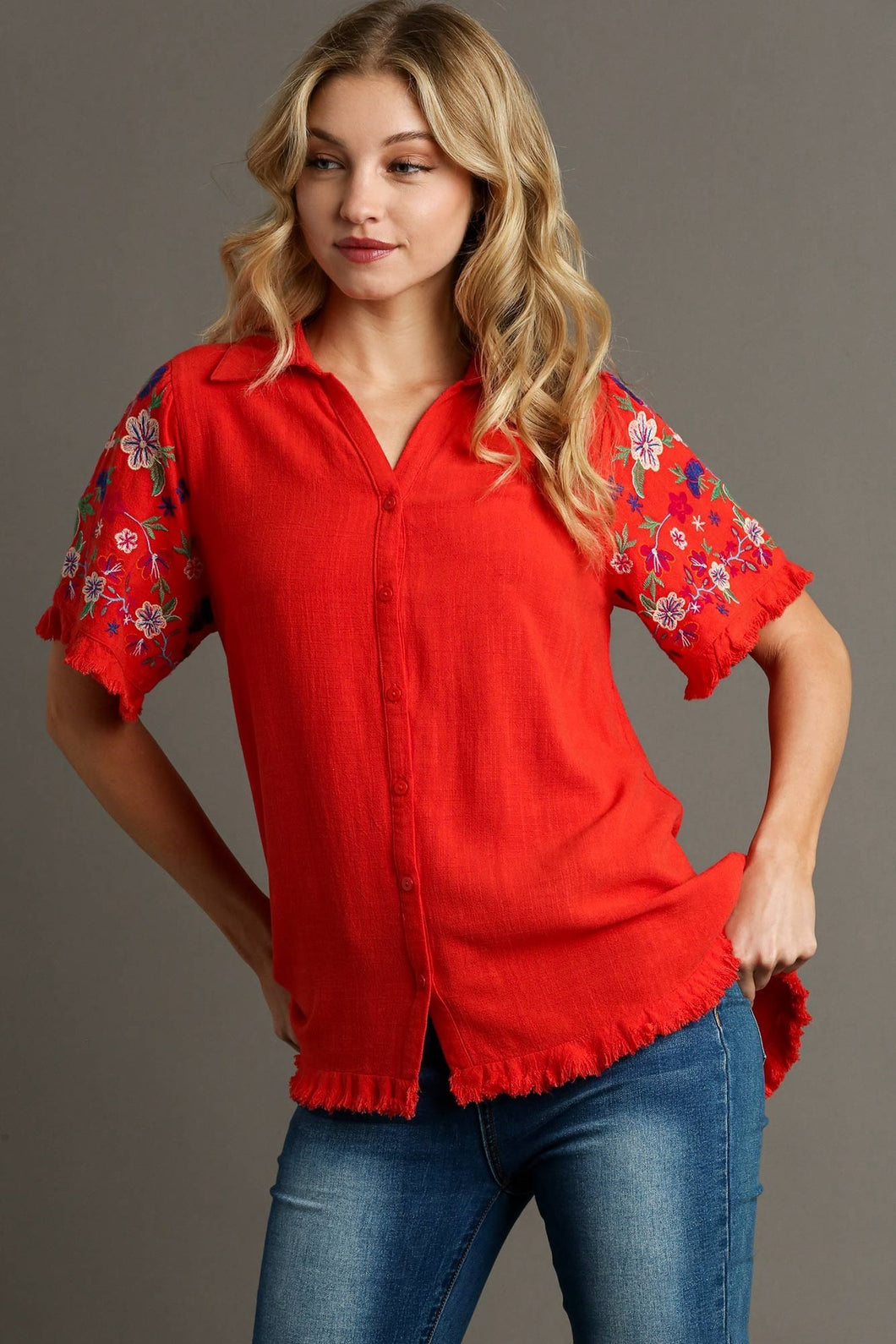 Umgee Linen Blend Top with Embroidered Sleeves in Red Orange