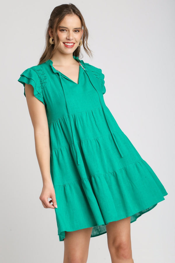 Umgee Linen A-Line Dress in Emerald Green Dresses Umgee   