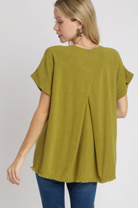 Umgee Solid Color Linen Blend Boxy Cut Top in Avocado Shirts & Tops Umgee   