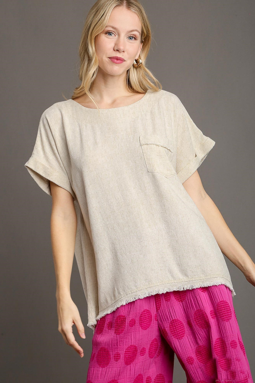 Umgee Solid Color Linen Blend Boxy Cut Top in Oatmeal Shirts & Tops Umgee   
