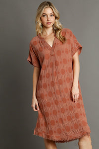 Umgee Swiss Dot Textured Jacquard Midi Dress in Canyon Clay