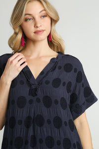 Umgee Swiss Dot Textured Jacquard Midi Dress in Navy