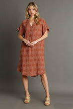 Load image into Gallery viewer, Umgee Swiss Dot Textured Jacquard Midi Dress in Canyon Clay
