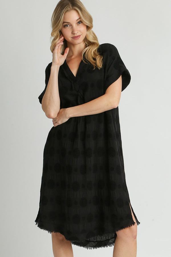 Umgee Swiss Dot Textured Jacquard Midi Dress in Black Dresses Umgee   