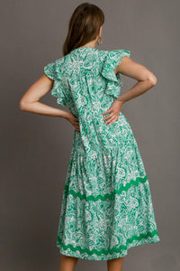 Umgee Two Tone Floral Print Midi Dress with Ric Rac Trim in Green Dress Umgee   