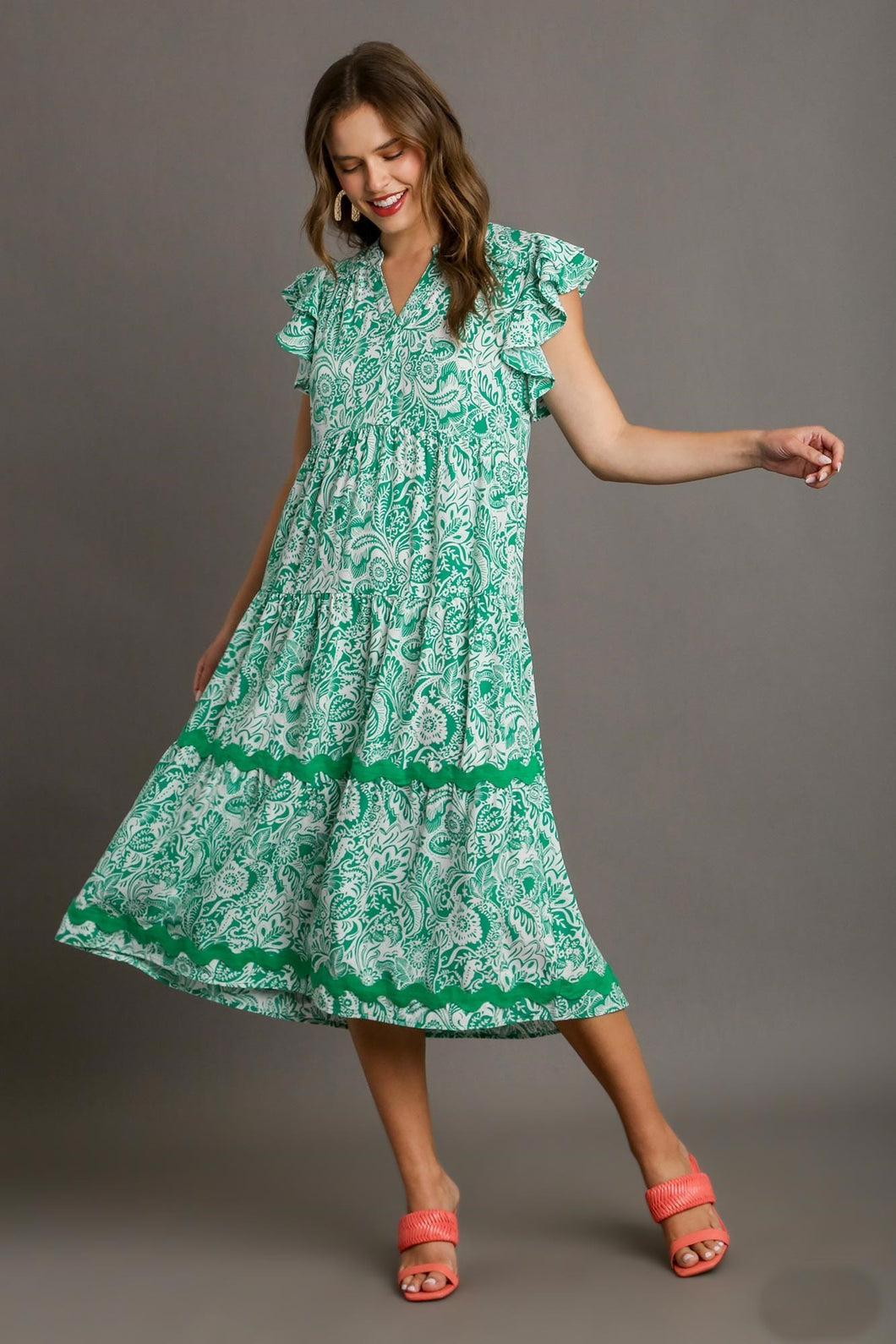Umgee Two Tone Floral Print Midi Dress with Ric Rac Trim in Green Dress Umgee   