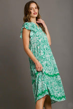Load image into Gallery viewer, Umgee Two Tone Floral Print Midi Dress with Ric Rac Trim in Green Dress Umgee   
