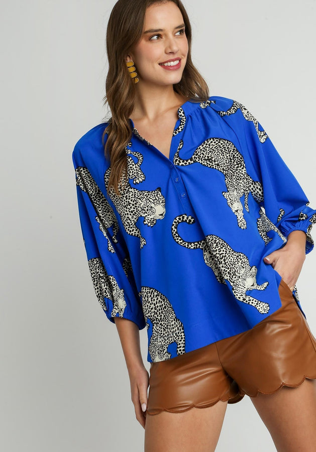 Umgee Cheetah Print Boxy Cut Top in Cobalt Blue Shirts & Tops Umgee   