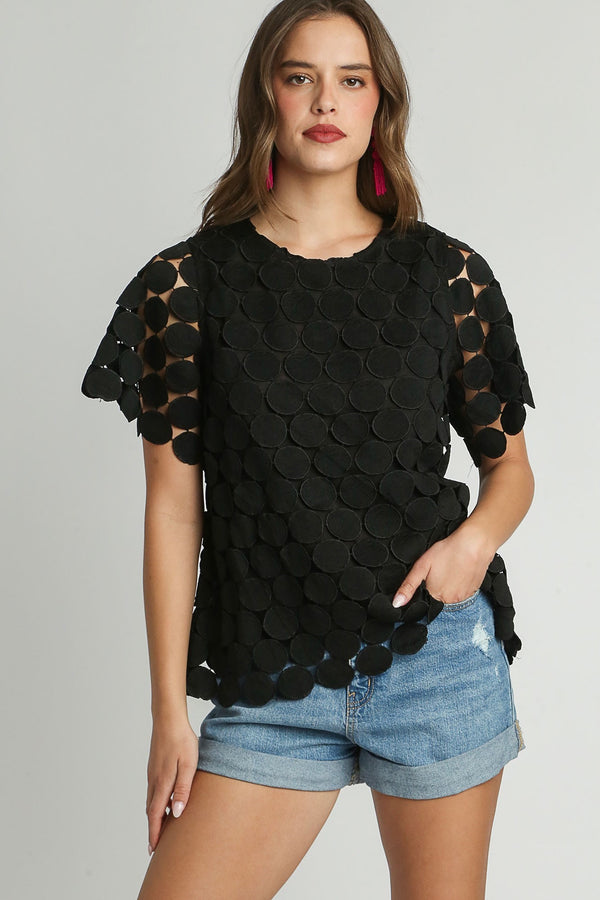 Umgee Lace Polka Dot Shift Top in Black ON ORDER Shirts & Tops Umgee   