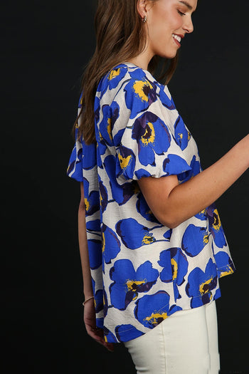 Umgee Floral Print Boxy Cut Top in Blue Mix Shirts & Tops Umgee   
