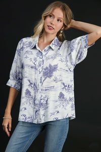 Umgee Two-Toned Landscape Print Button Down Top in Blue Shirts & Tops Umgee   