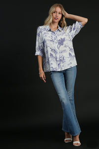 Umgee Two-Toned Landscape Print Button Down Top in Blue Shirts & Tops Umgee   