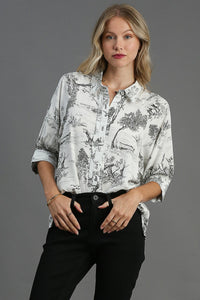 Umgee Two-Toned Landscape Print Button Down Top in Black Shirts & Tops Umgee   