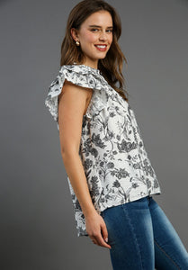 Umgee Two Toned Floral Print Boxy Cut Top in Black