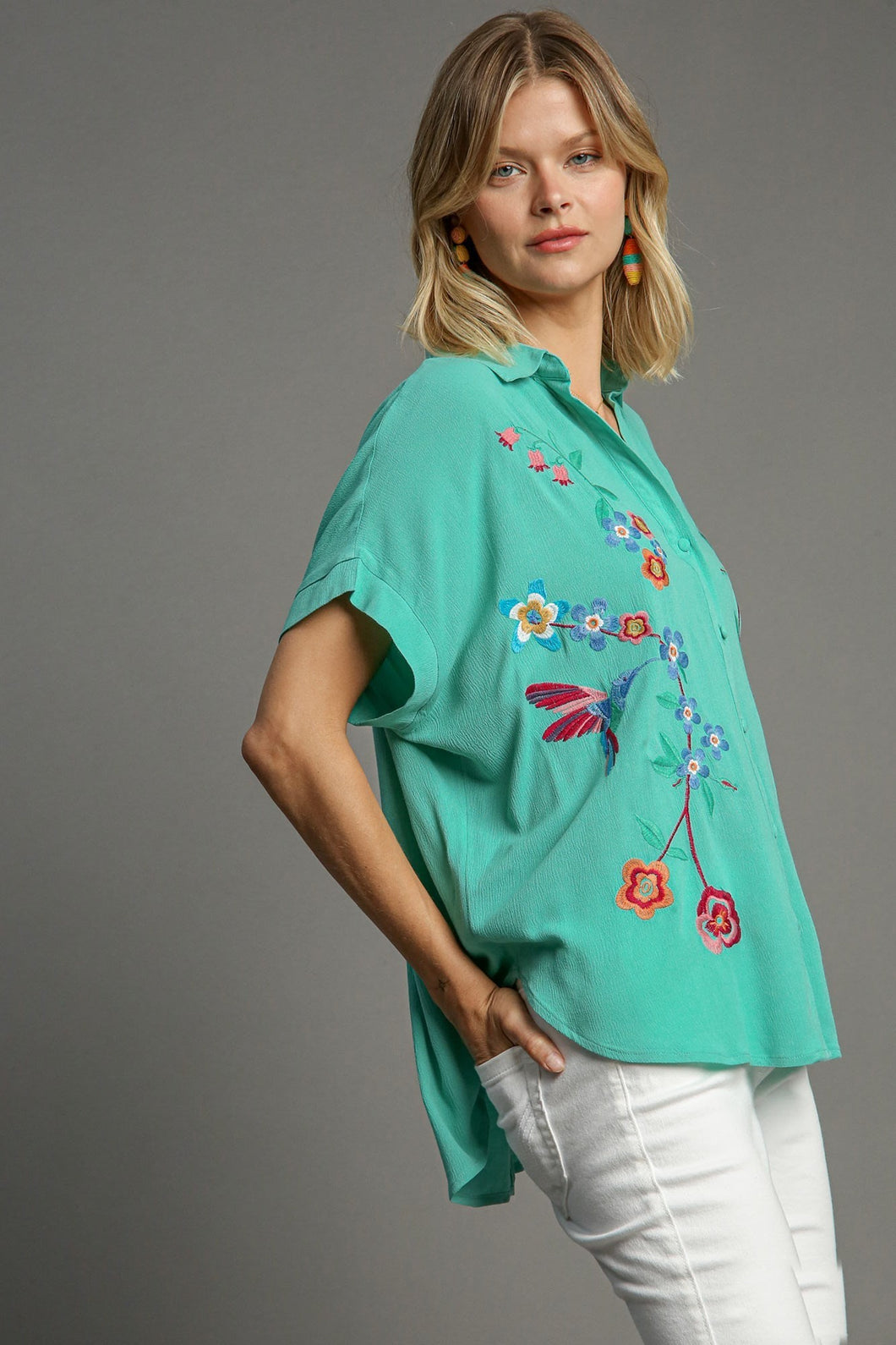 Umgee Mixed Floral Embroidery Button Down Top in Emerald