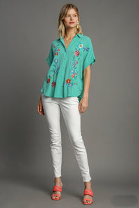 Umgee Mixed Floral Embroidery Button Down Top in Emerald