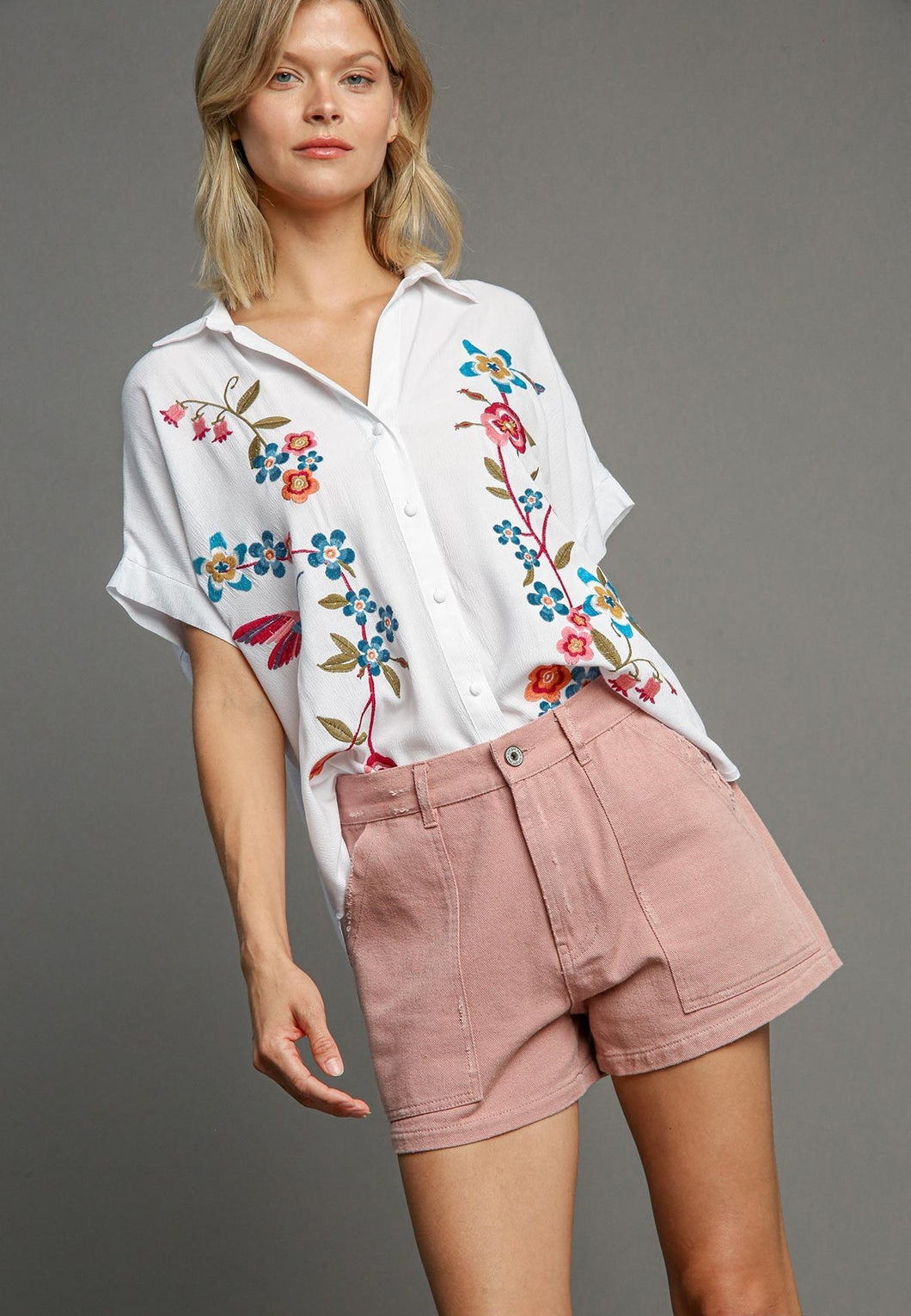 Umgee Mixed Floral Embroidery Button Down Top in Off White