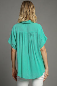 Umgee Mixed Floral Embroidery Button Down Top in Emerald