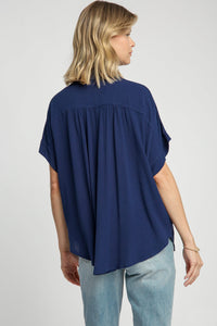 Umgee Mixed Floral Embroidery Button Down Top in Navy