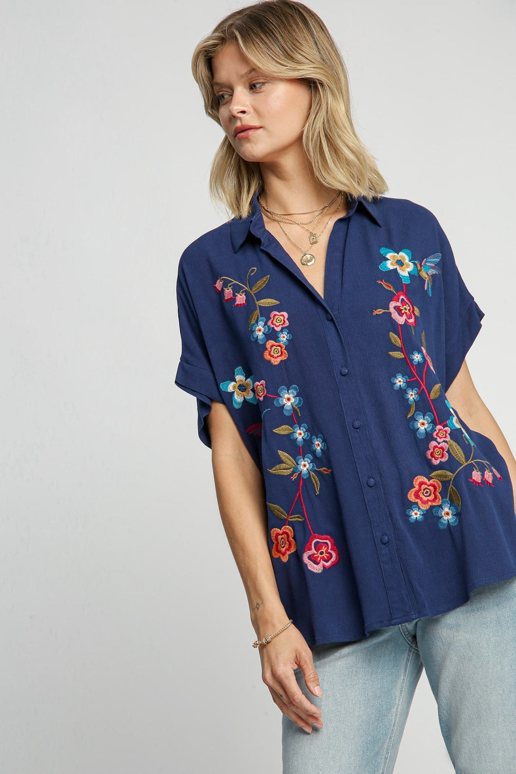 Umgee Mixed Floral Embroidery Button Down Top in Navy