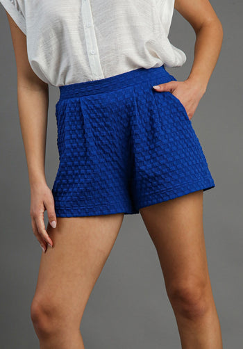 Umgee Textured Jacquard Pleated Shorts in Royal Blue Shorts Umgee   