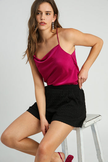 Umgee Textured Jacquard Pleated Shorts in Black Shorts Umgee   