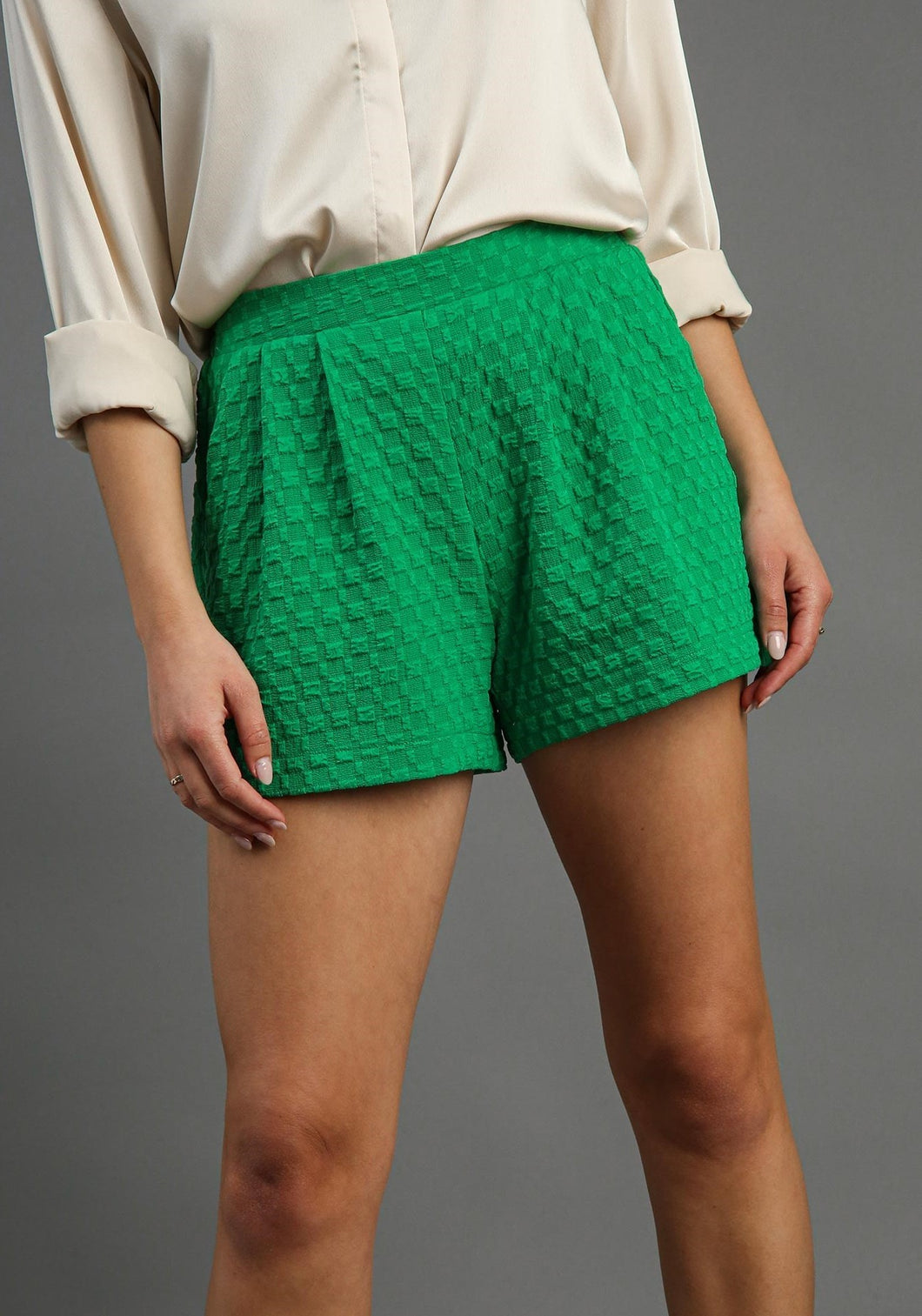 Umgee Textured Jacquard Pleated Shorts in Green Shorts Umgee   