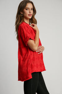 Umgee Solid Color Swiss Dot Jacquard Top in Red