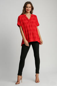 Umgee Solid Color Swiss Dot Jacquard Top in Red