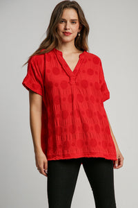 Umgee Solid Color Swiss Dot Jacquard Top in Red