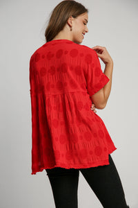 Umgee Solid Color Swiss Dot Jacquard Top in Red