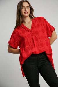 Umgee Solid Color Swiss Dot Jacquard Top in Red