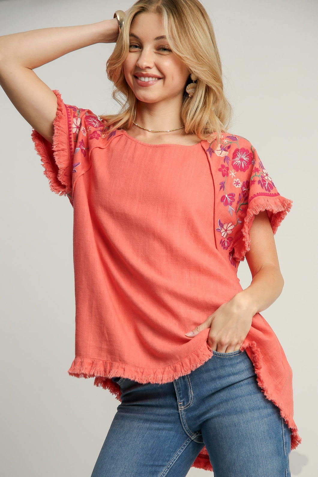 Umgee Solid Color Linen Blend Top with Embroidery Sleeves in Coral Pink