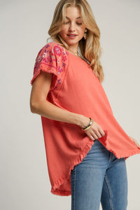 Umgee Solid Color Linen Blend Top with Embroidery Sleeves in Coral Pink
