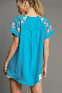 Umgee Solid Color Linen Blend Top with Embroidery Sleeves in Aqua Shirts & Tops Umgee   